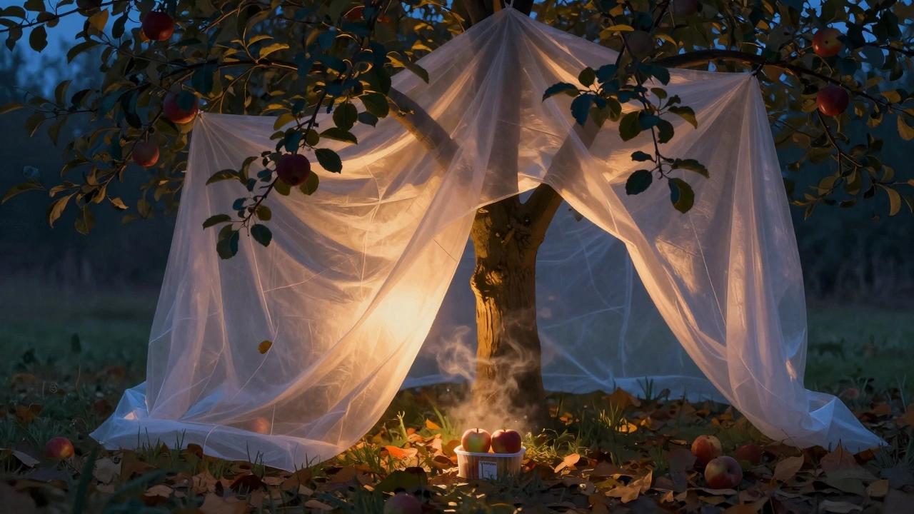 Яблоня покрыта легкой белой тканью, у основания — контейнер с спелыми яблоками, вечерний свет.