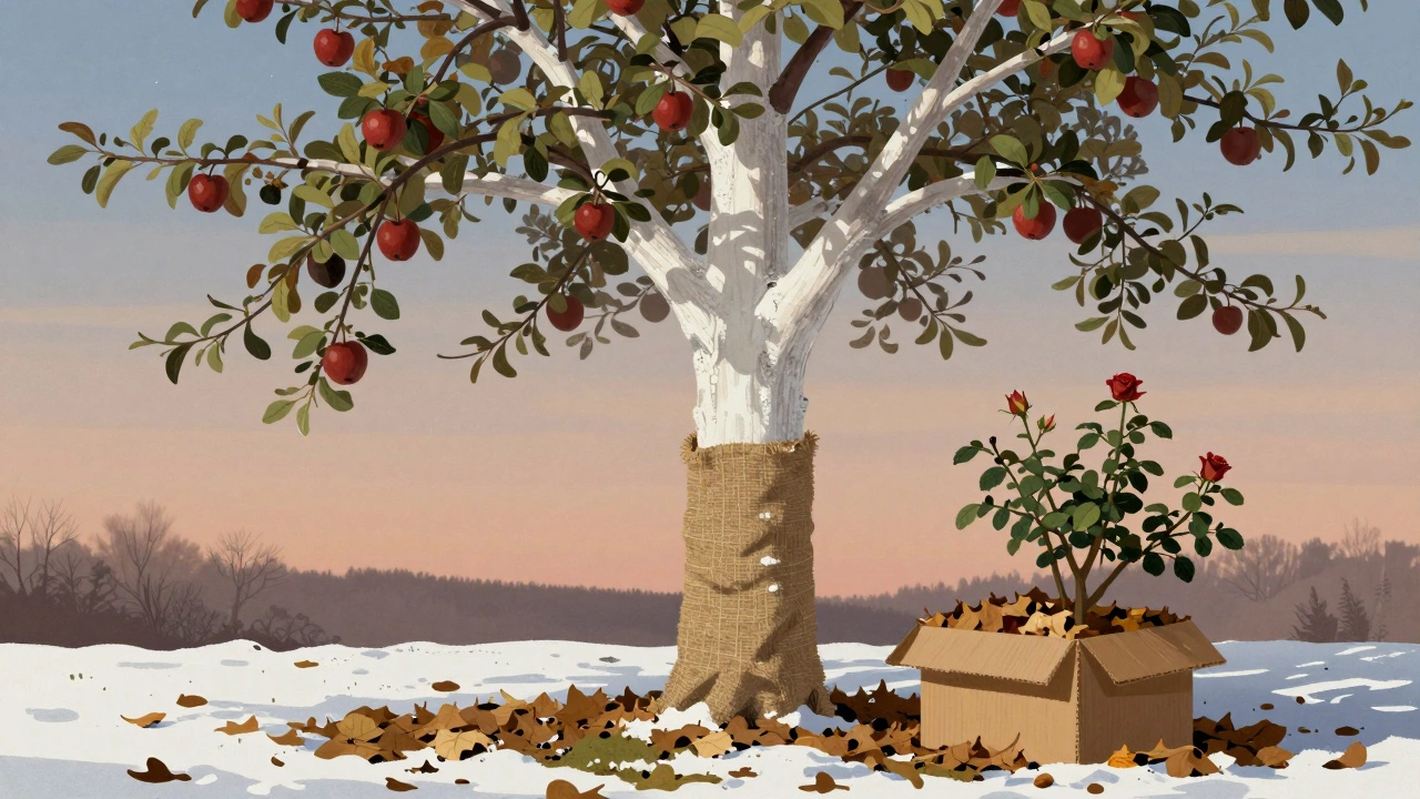 Яблоня с побелённым стволом и обёрнутой мешковиной, рядом — укрытие для роз.