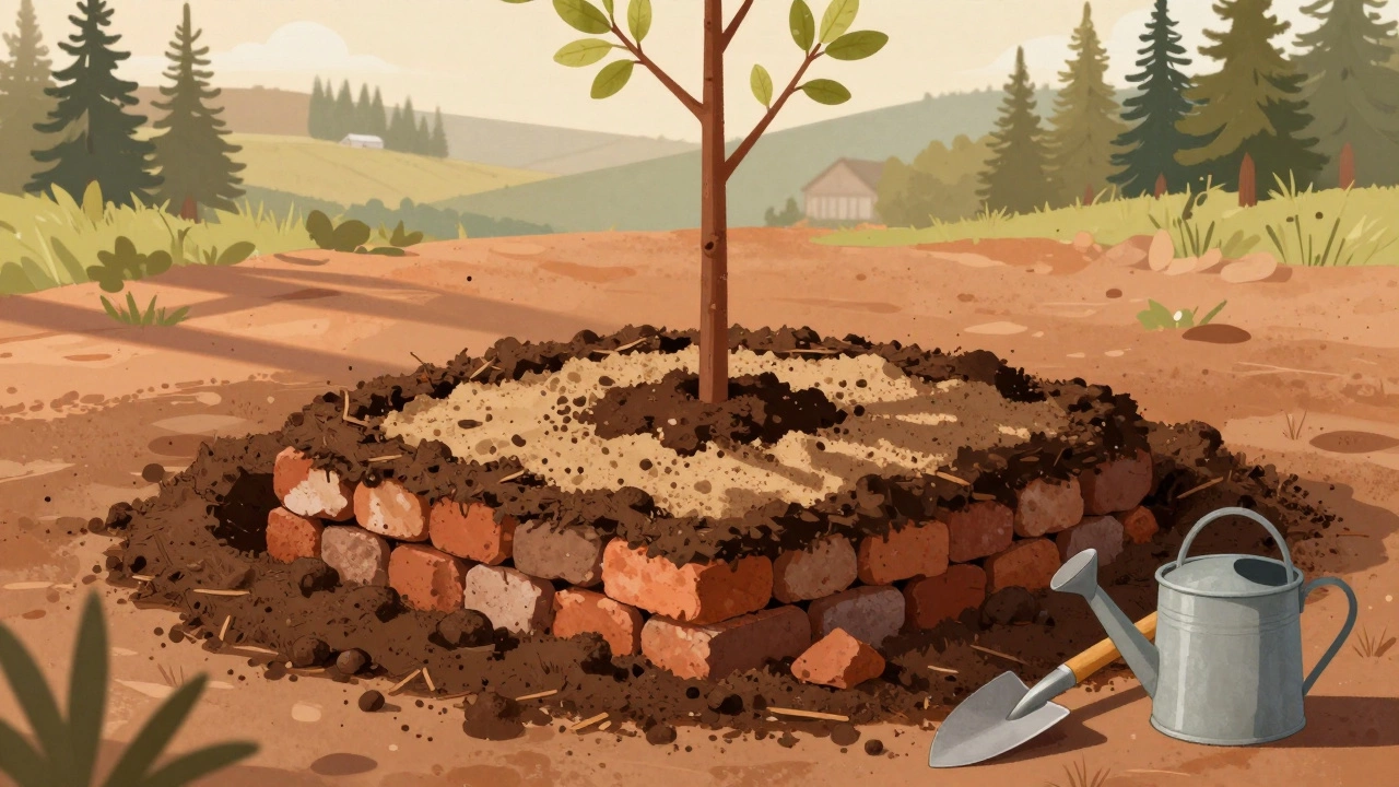 Яма для посадки вишни с дренажом, компостом и мульчей, саженец с корневой шейкой выше земли.