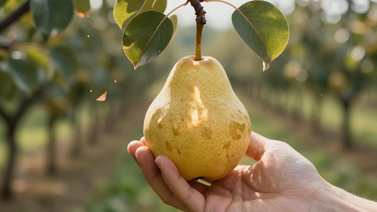 Ближний план спелой груши в руке, солнечные блики на кожуре, вокруг падают листья.