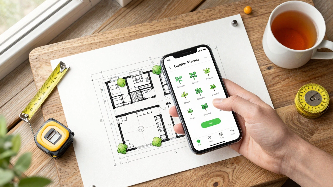 Бумажный план сада рядом со смартфоном с приложением для дизайна, чашка чая и рулетка.