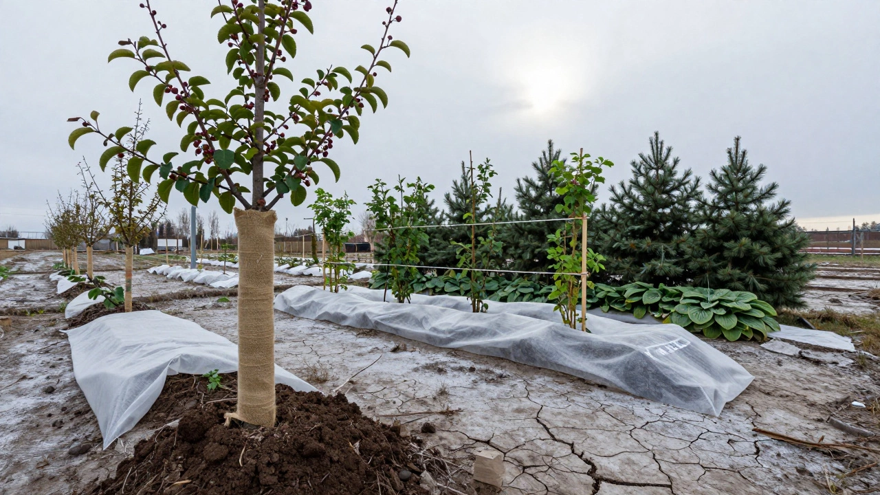 Молодое яблоневое дерево обёрнуто мешковиной, куст смородины укрыт тканью, хосты прикрыты лапником.