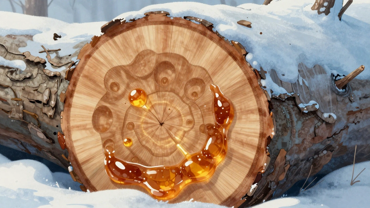 Разрез ствола дерева с показом слоёв коры и сладкого сока внутри, защищающего от мороза.