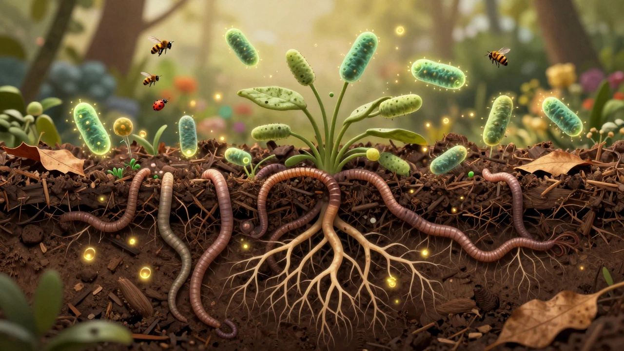 Разрез здоровой почвы с червями, грибами и бактериями, светящимися в тёмной земле, среди компоста и корней.