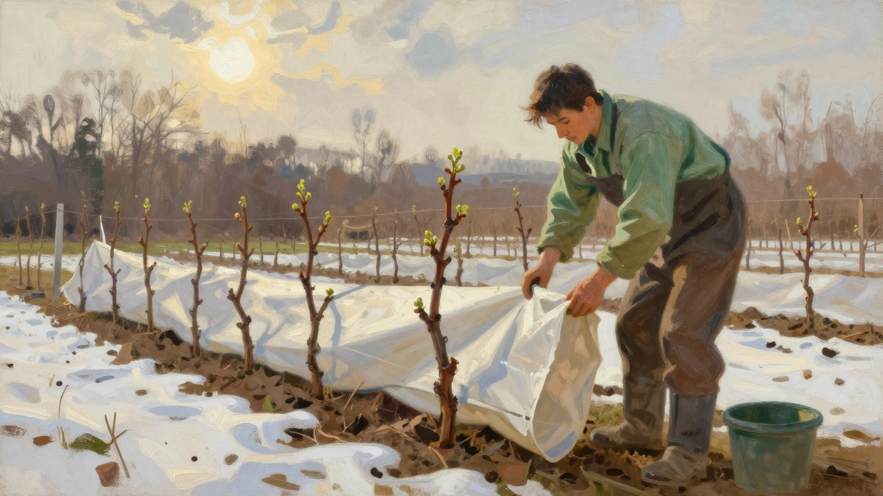 Садовник снимает зимнее укрытие с лозы в конце февраля, солнце пробивается сквозь облака.