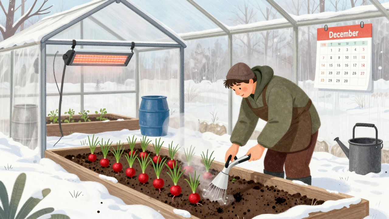 Садовник собирает редис и зелень в утеплённой теплице зимой в Урале.