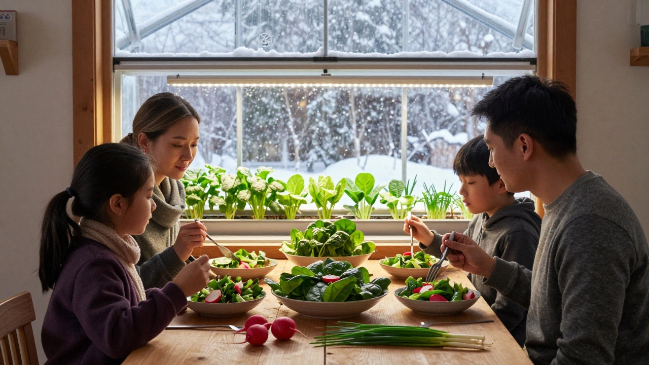 Семья ест салат из домашних овощей, за окном — снег, в теплице — зелень.