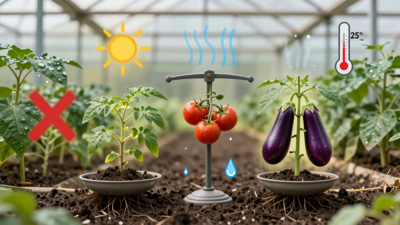 Символическая сцена баланса между томатами и баклажанами в теплице с элементами ухода.