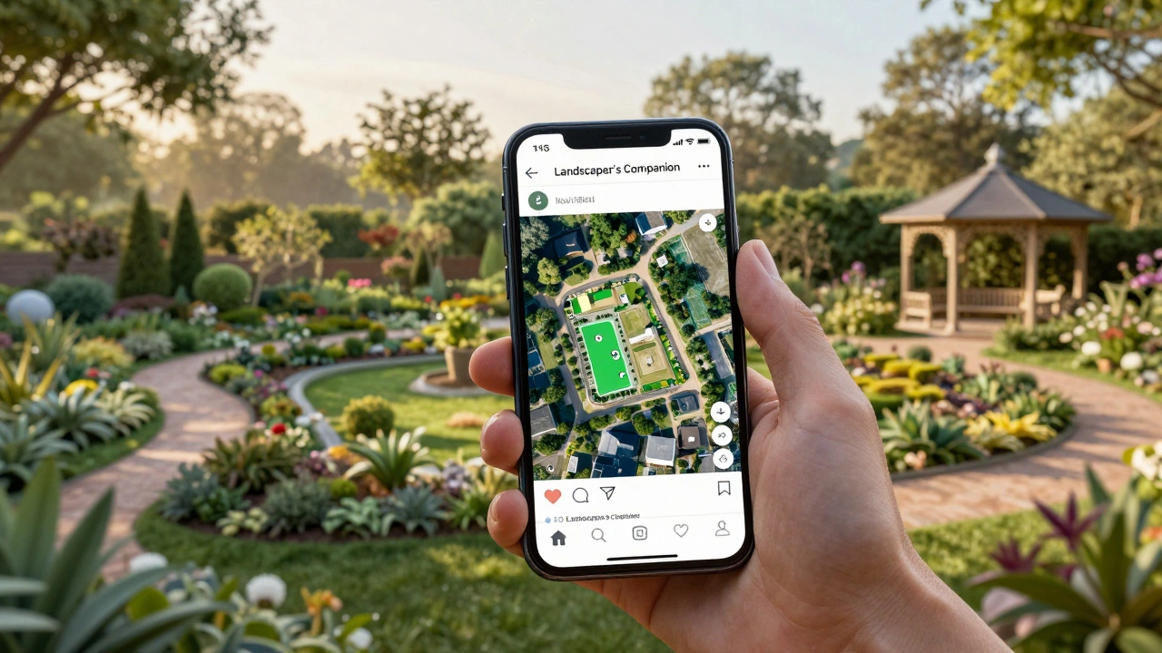 Смартфон с приложением для ландшафтного дизайна, показывающий превращение участка в сад.