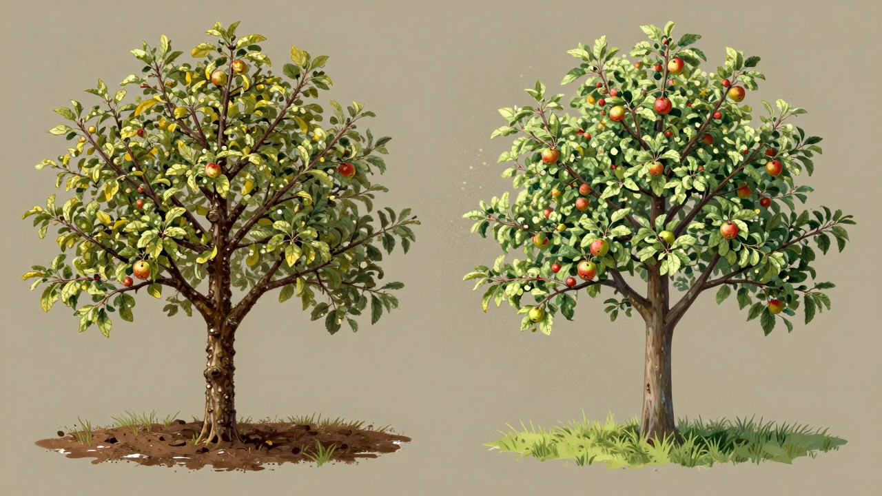 Сравнение здоровой и больной нижней части яблони: чистый ствол справа и гниющие ветки слева.