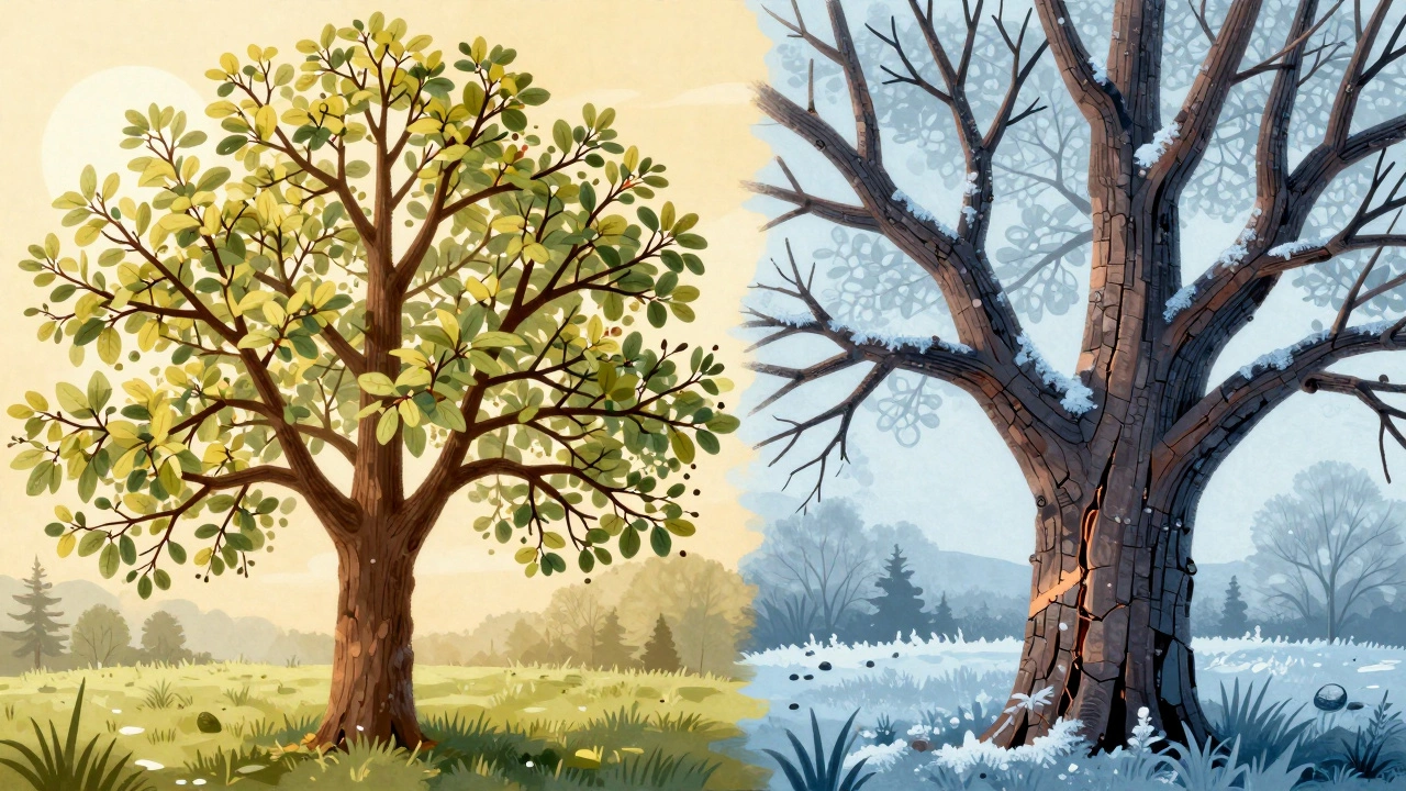 Сравнение здоровой весенней обрезки и повреждённой осенней обрезки дерева в разрезе.