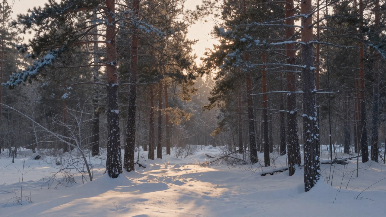 Старые сосны в снежном лесу под утренним светом, снег как одеяло вокруг корней.