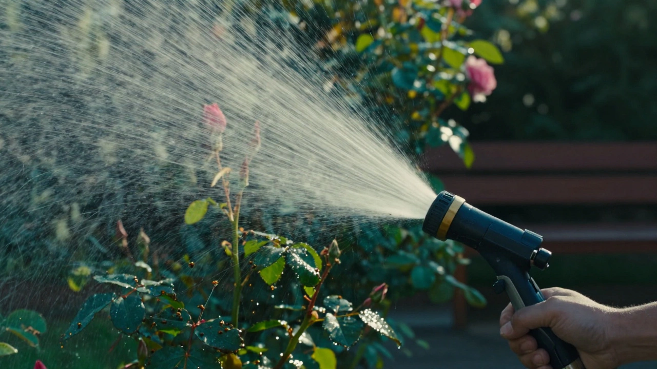 Струя воды сбивает тлю с розового куста утром, капли блестят на солнце.