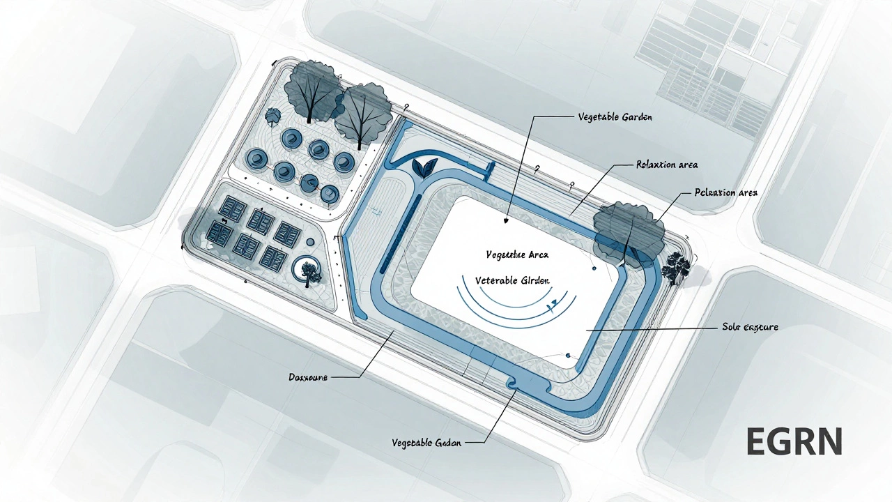 Технический план участка с зонами, солнечными лучами и дренажем, нарисованный в масштабе.