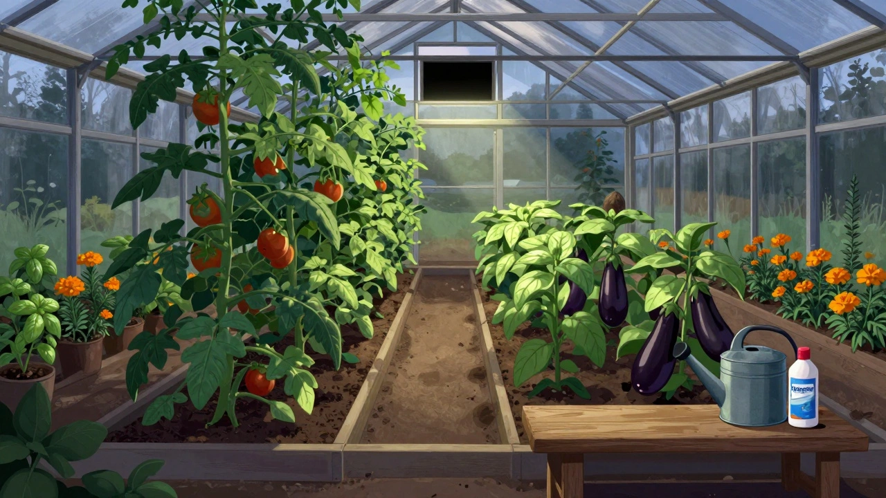 Теплица с томатами, баклажанами, базиликом и календулой, с открытым вентиляционным окном.