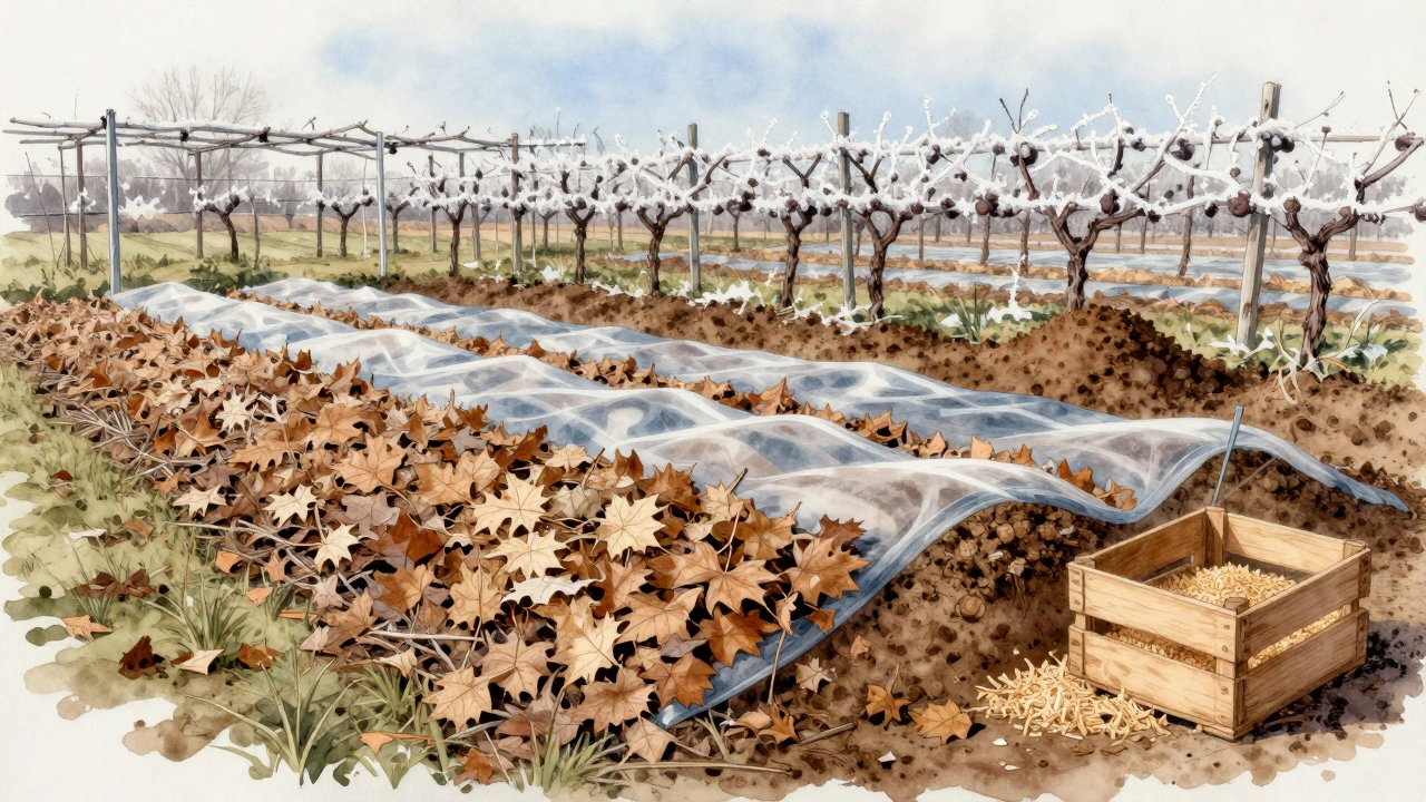 Виноградная лоза уложена на землю, покрыта листьями и агроволокном, затем засыпана землёй.