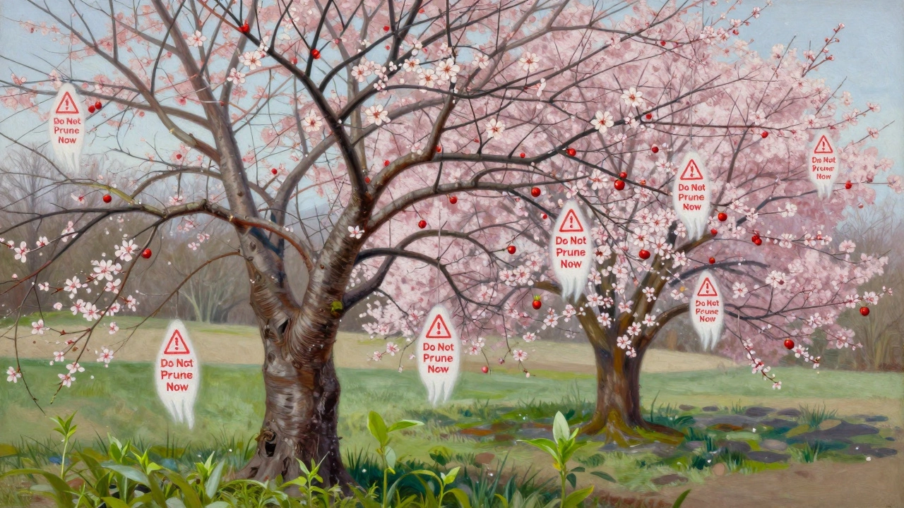 Вишнёвое дерево зимой с предупреждающими знаками, рядом — то же дерево цветущее весной.
