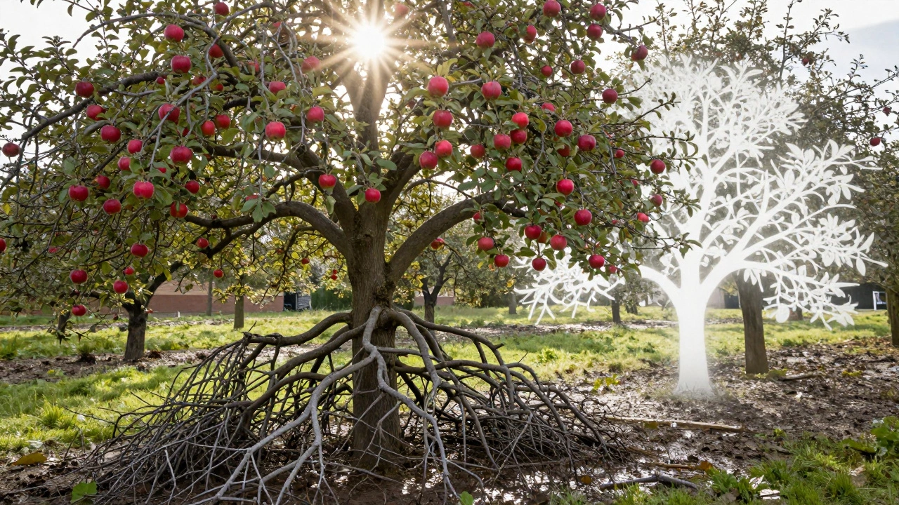 Запущенная яблоня с ветками на земле и солнечным лучом, освещающим плоды выше — символ упущенного урожая.