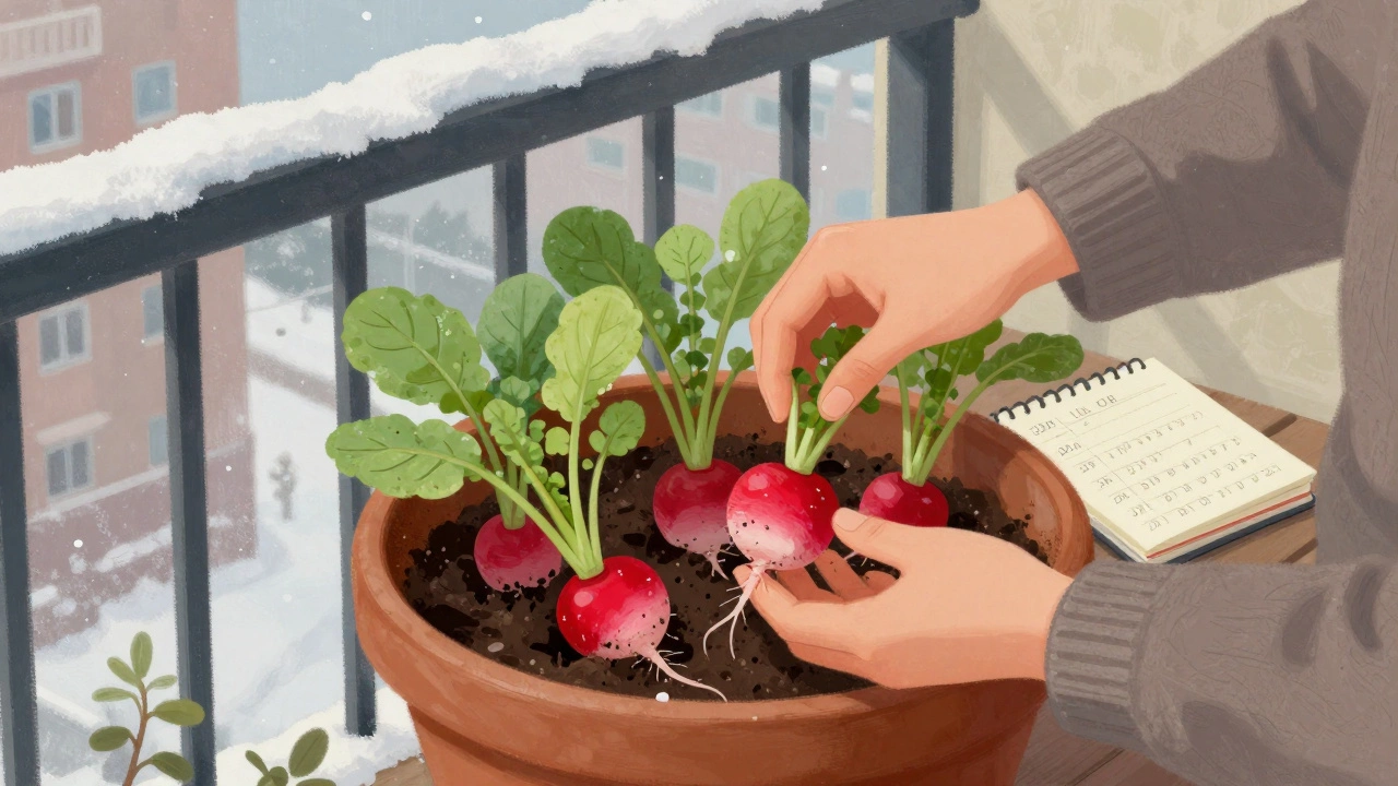 Человек собирает редис с балкона зимой, за окном снег, на подоконнике заметна тетрадь с записями.
