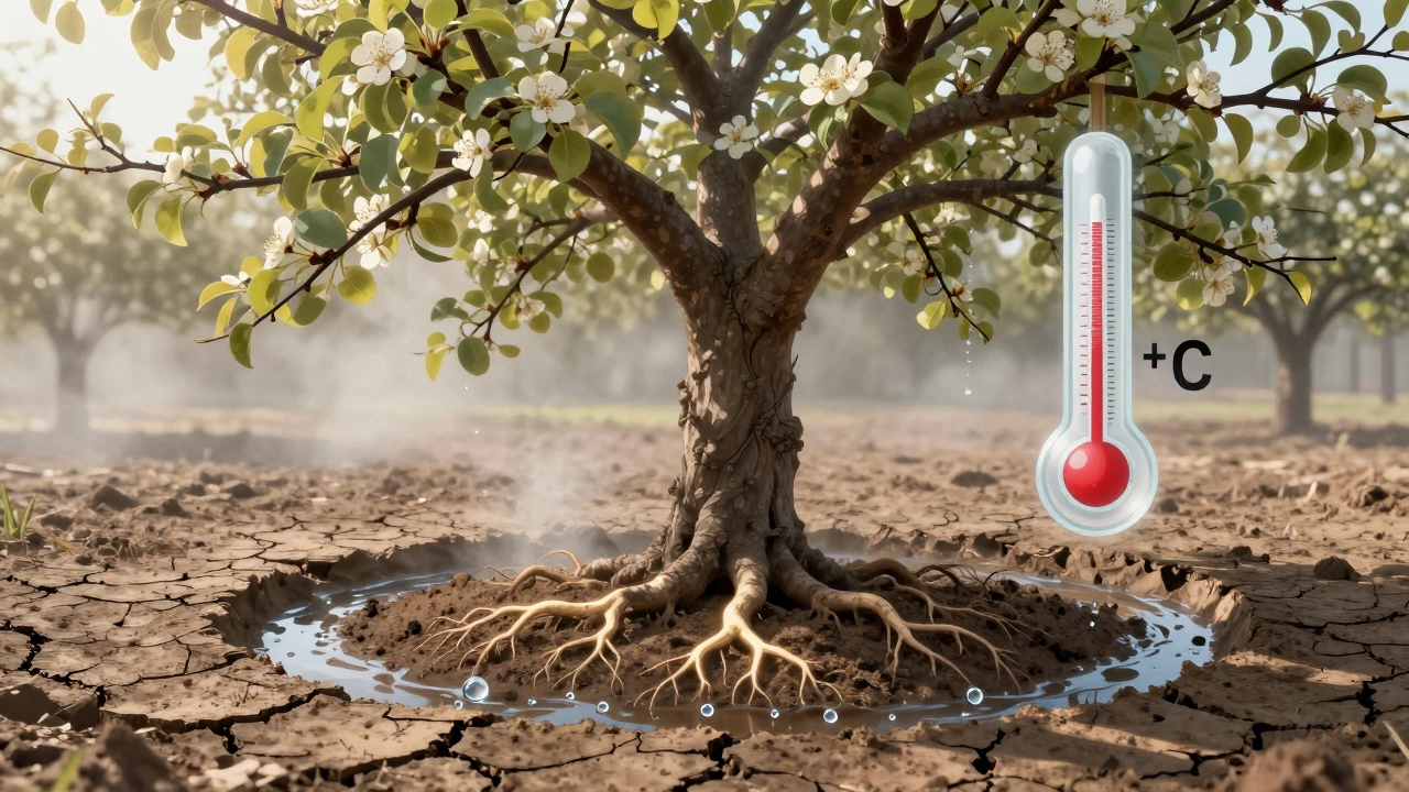 Корни дерева поглощают влагу при температуре +6°C, земля треснула от сухости.