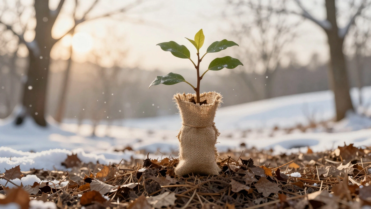 Молодое дерево укрыто мешковиной и мульчей из сухих листьев.
