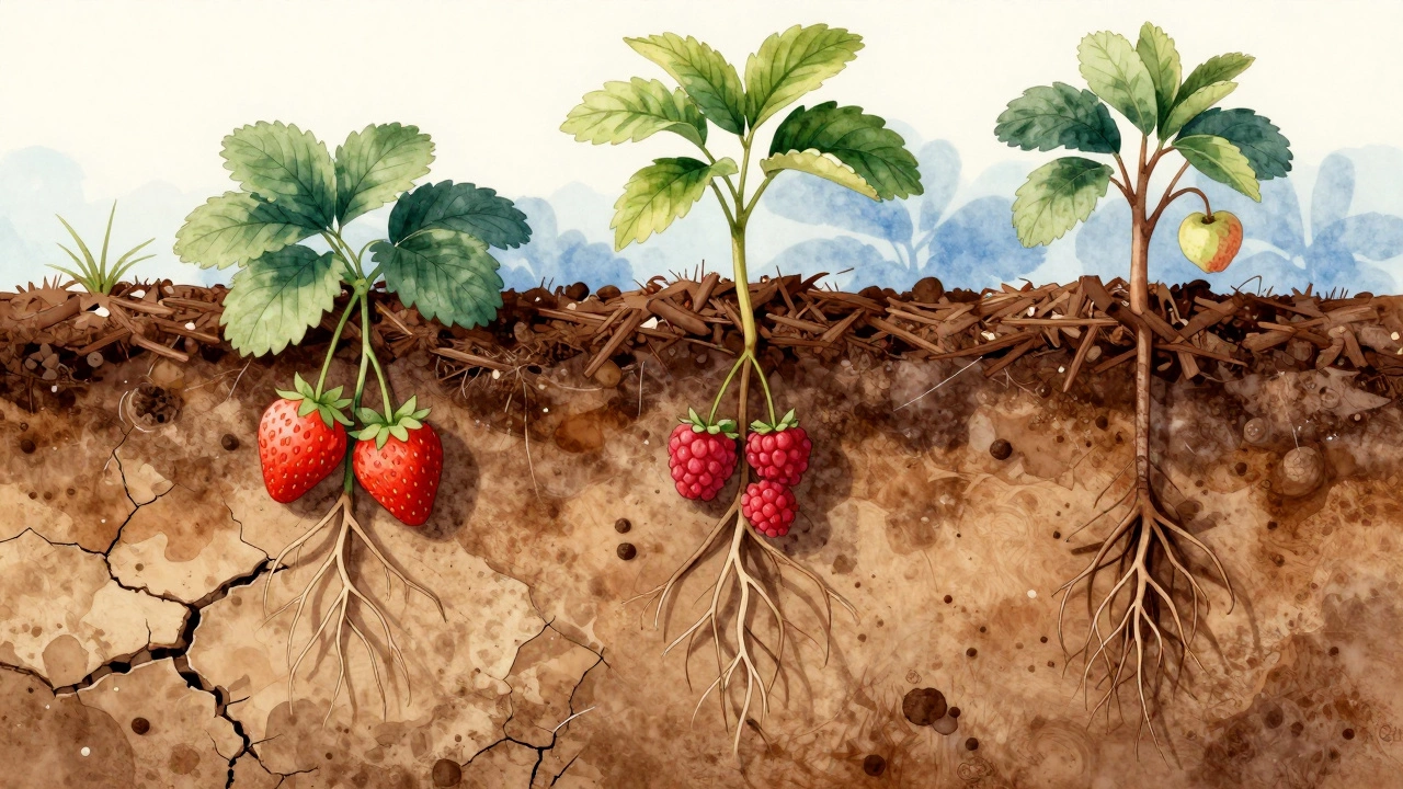 Разрез почвы с корнями растений и слоем мульчи, теплота сохраняется в земле, а холод остается сверху.