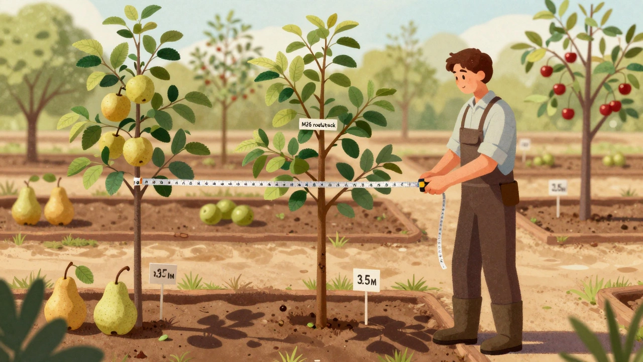 Садовник измеряет расстояние между саженцами яблони с указанием типа подвоя M26.