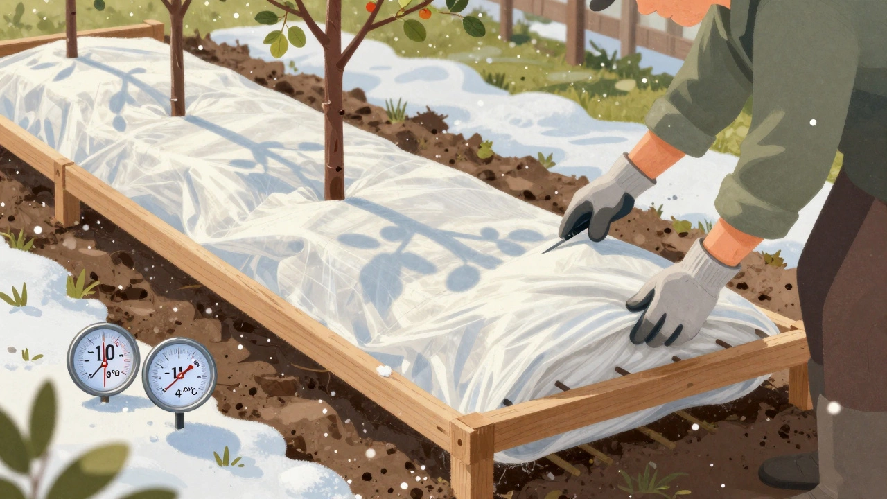 Садовник укрывает молодые яблони спанбондом 60 с воздушным зазором, на фоне падающего снега.