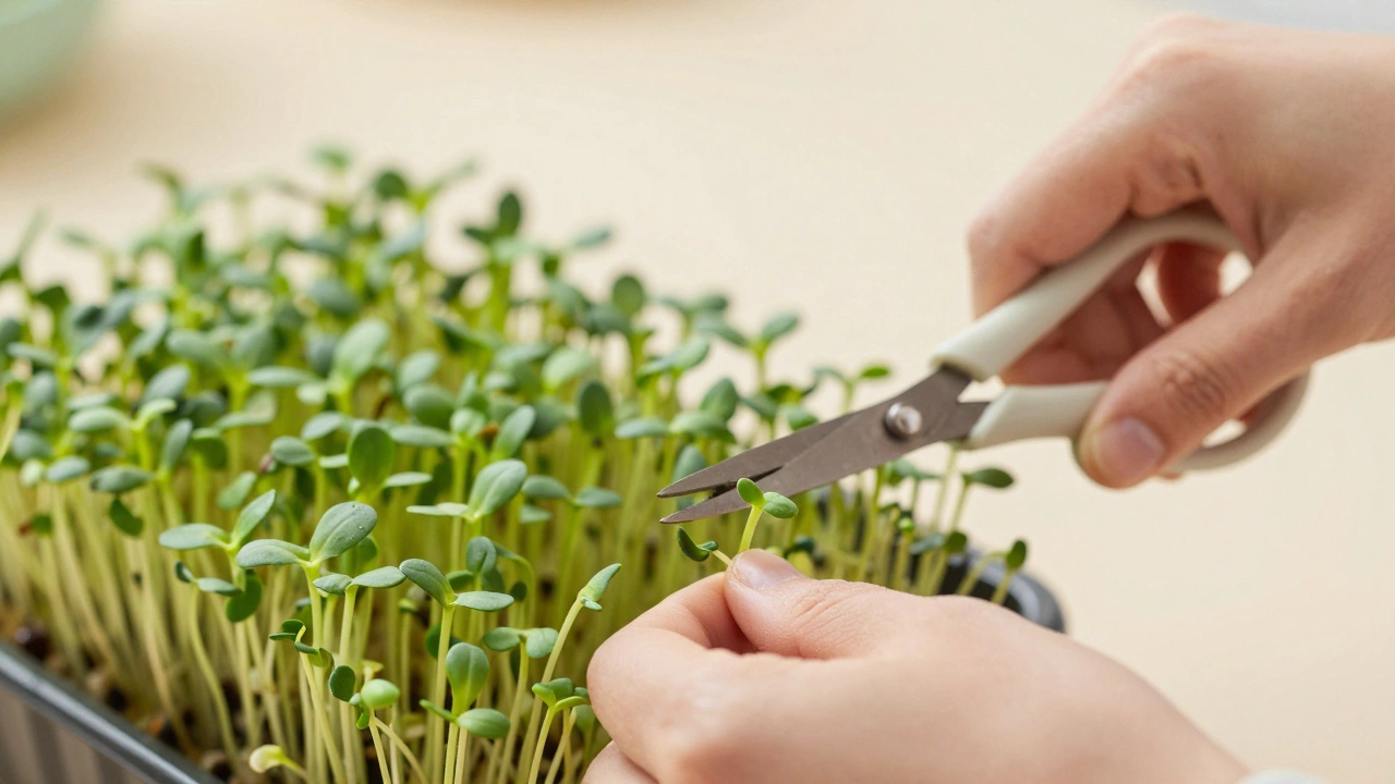 Сбор микрозелени ножницами, свежие ростки