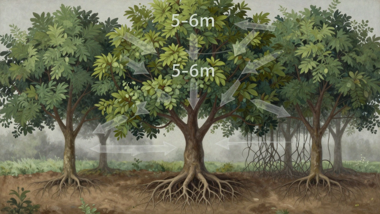 Схема корней и кроны взрослого дерева с показом оптимального и слишком близкого расстояния между деревьями.