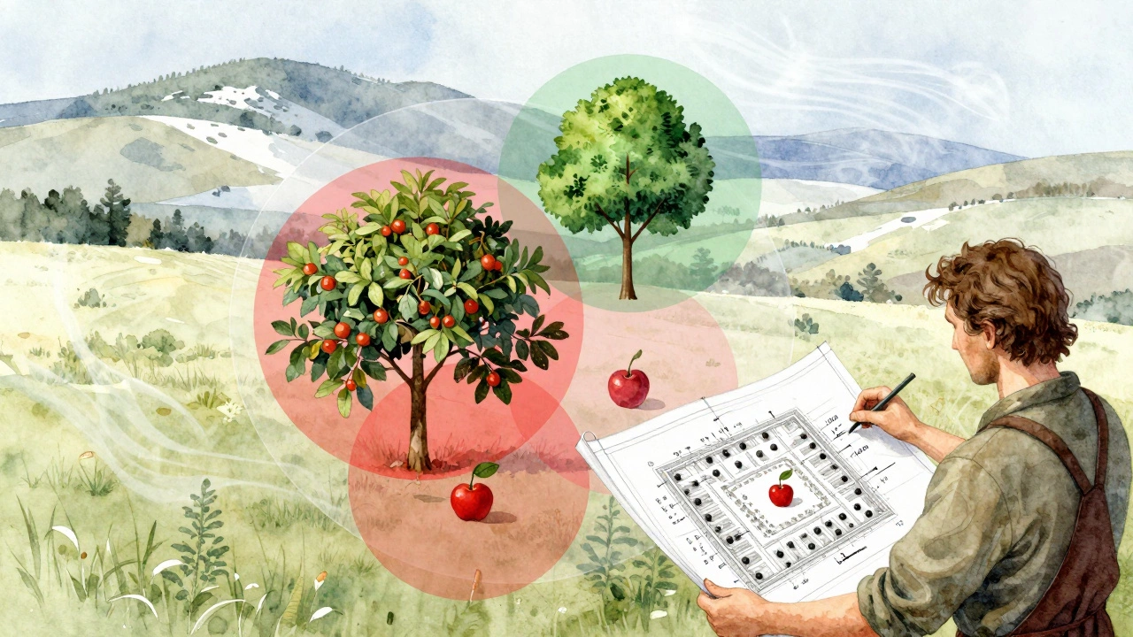 Схема сада с цветовыми зонами влияния деревьев: красные — пересечение, зелёные — правильное расстояние.