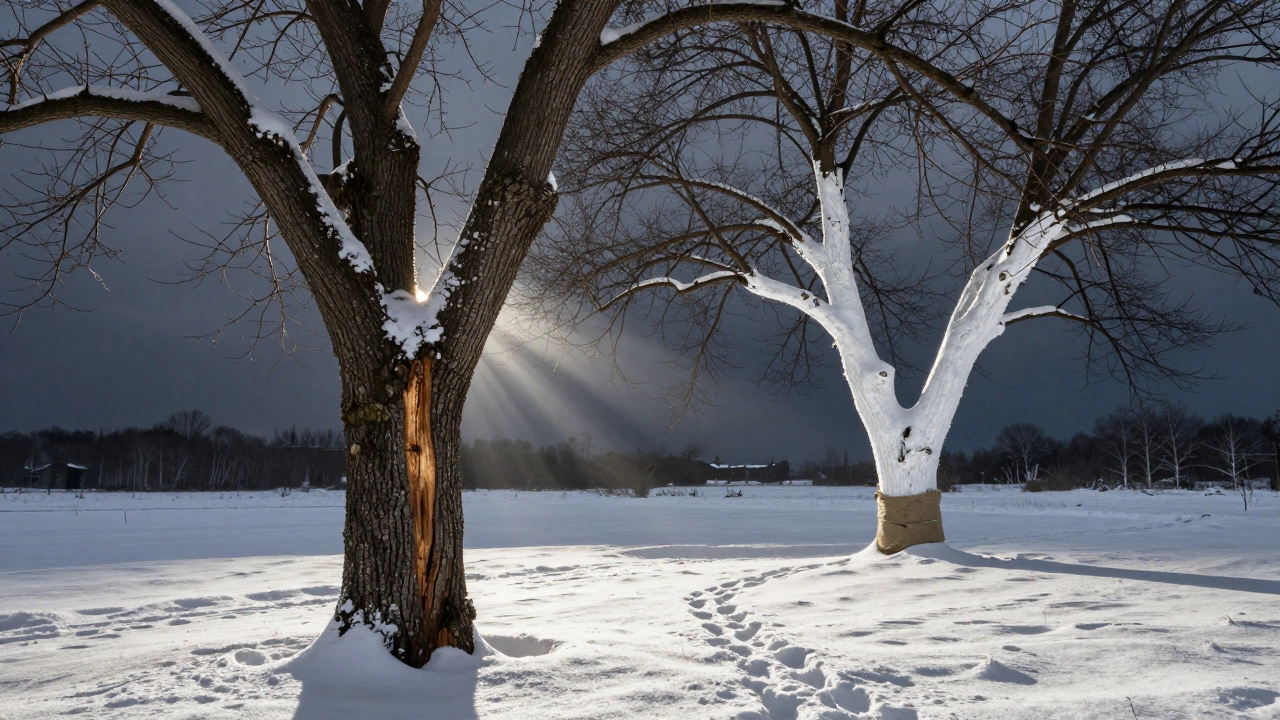 Сравнение поврежденной коры и защищенного ствола зимой.