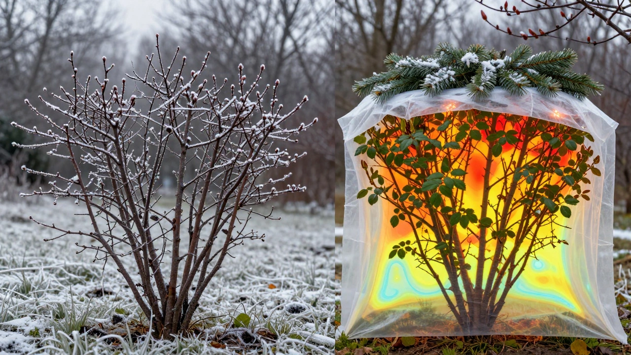 Сравнение замёрзшего куста без укрытия и того же куста под спанбондом с лапником — тёплый и живой.