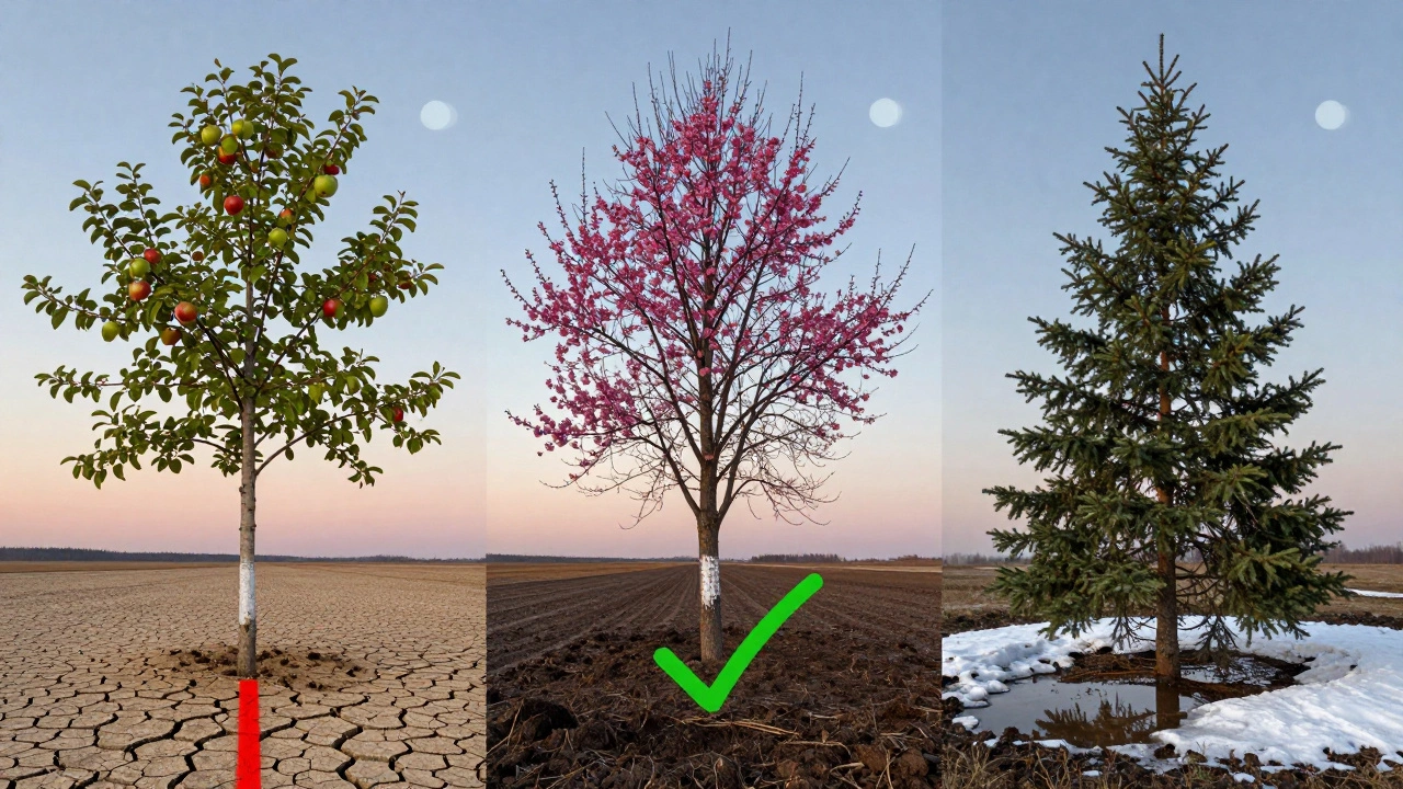 Три дерева с разными состояниями почвы: сухая, влажная и переувлажнённая.