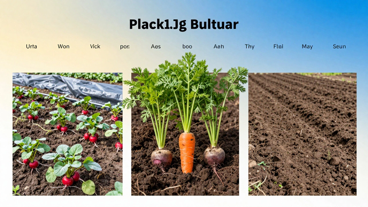 Три зоны огорода весной в Урале: редис под укрытием, морковь и свёкла в почве, пустые грядки под подготовку.