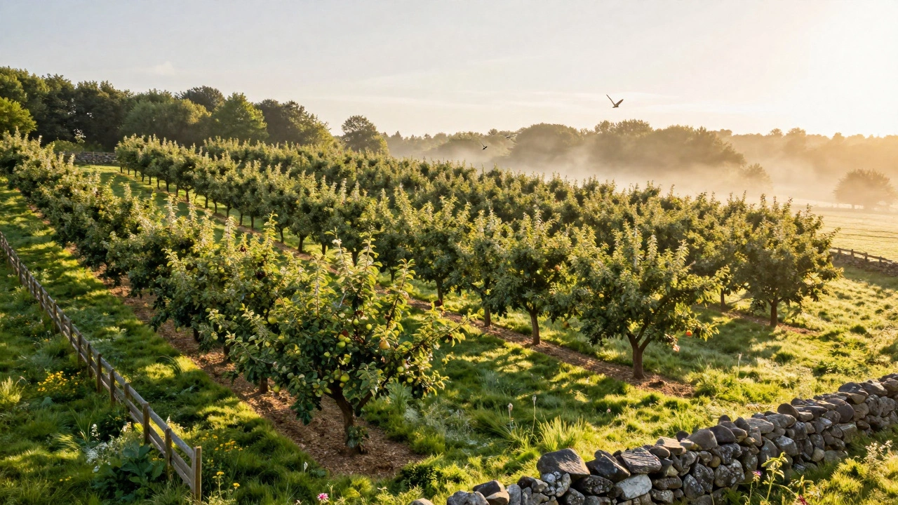 Ухоженный сад в форме полумесяца: деревья равномерно распределены, солнечный свет и здоровая растительность.