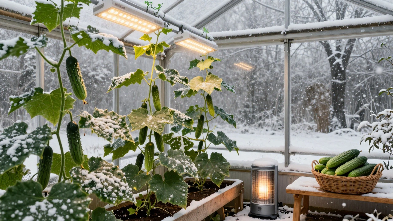 Зимняя теплица с огурцами под лампами, корзина свежих огурцов, за окном снегопад.