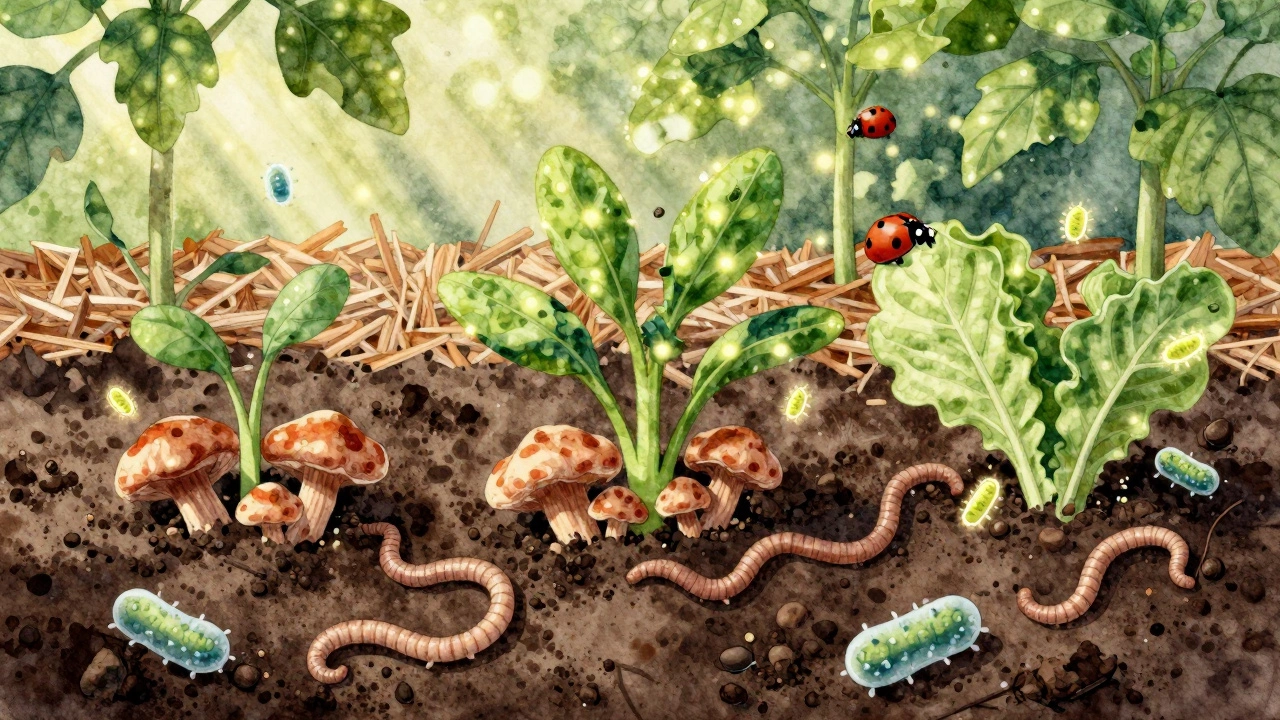 Живая почва с червями, грибами и бактериями под растениями, символизирующая здоровую экосистему.