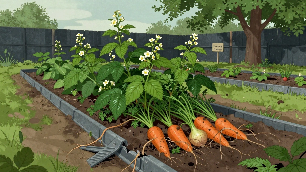 Агрессивная малина разрушает грядку с морковью и луком, корни прорастают сквозь бордюр.