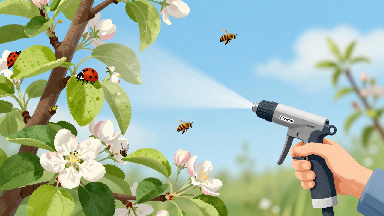 Биологический препарат наносится на листья яблони, а полезные насекомые спокойно движутся среди ветвей.