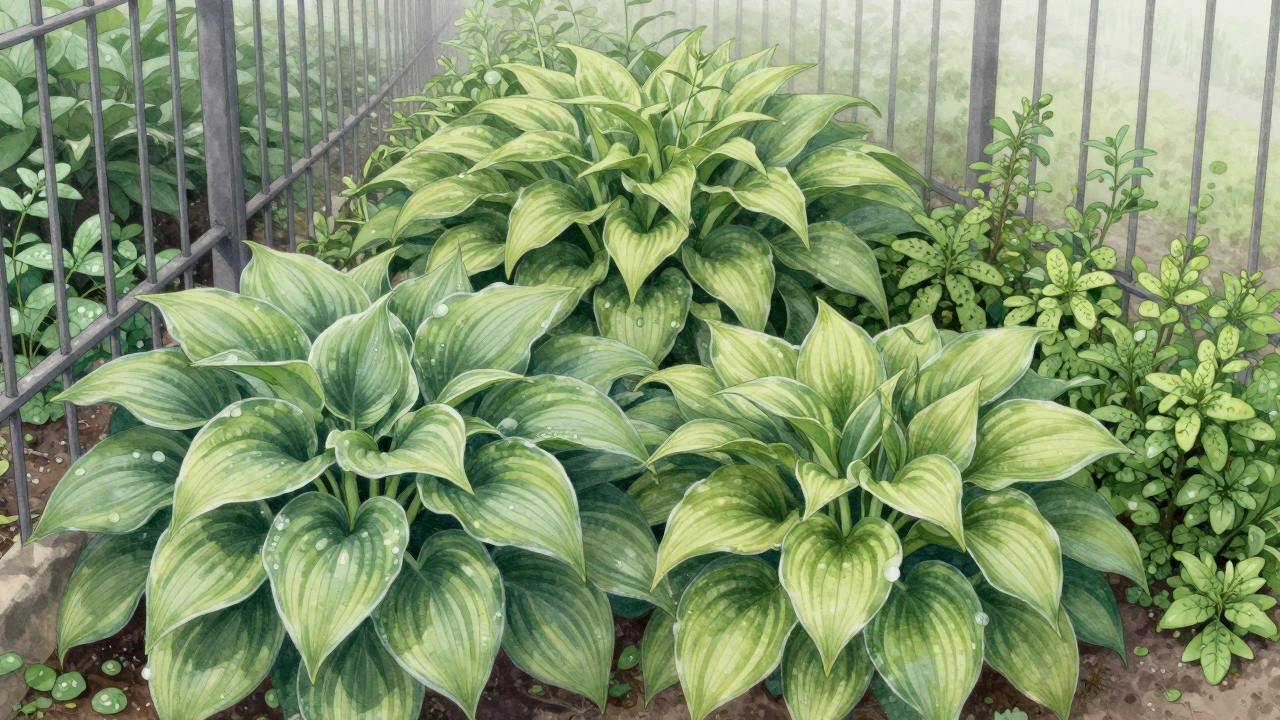 Густая зелень хосты и манжетки покрывает землю в тенистом уголке сада, травы нет.