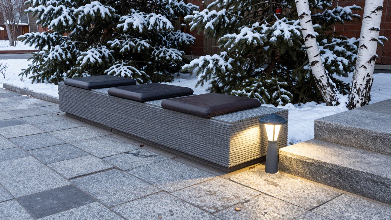 Ключевые материалы для ландшафтного дизайна: камень, террасная доска и солнечный светильник на фоне берёз и елей.