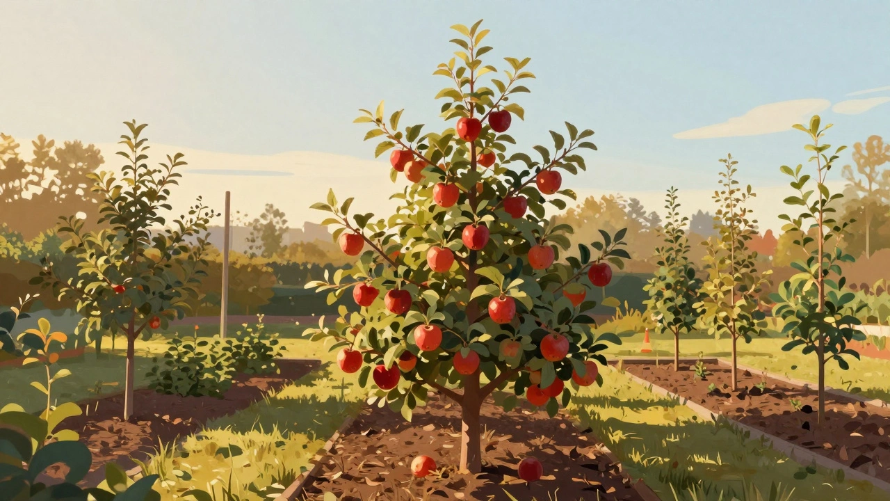 Компактная колоновидная яблоня с красными плодами на ветках