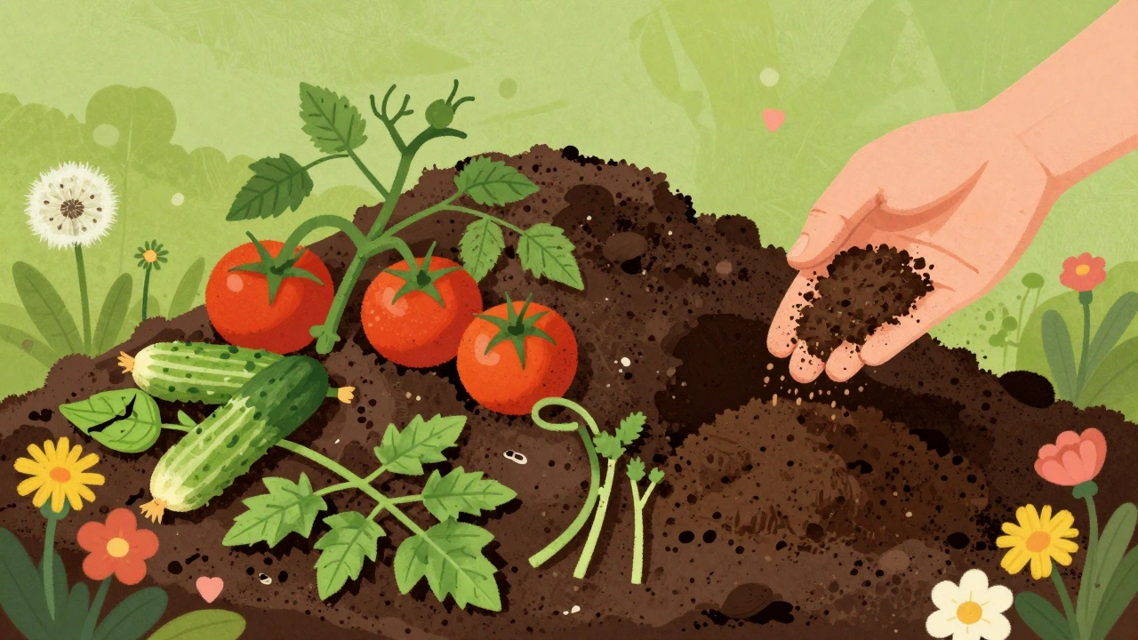 Компост с ботвой овощей и сорняками, превращающийся в богатую почву.