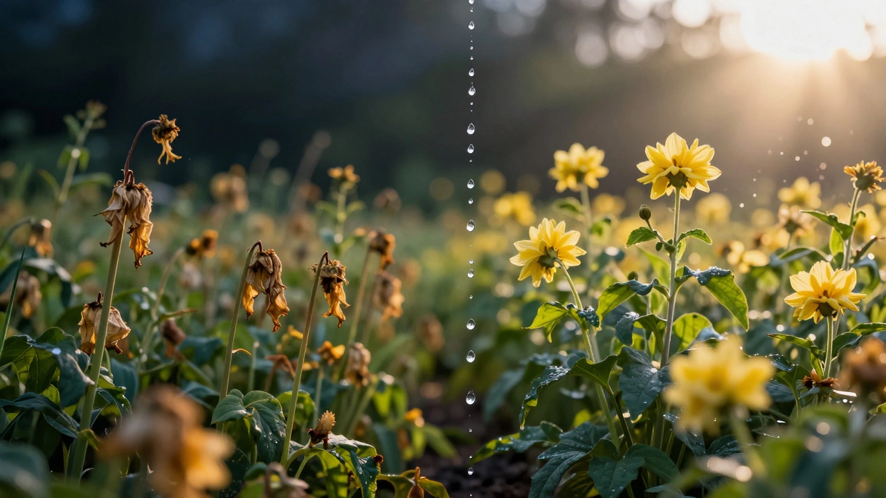 Контраст: растения в увядании ночью и цветущие утром — показатель правильного полива.