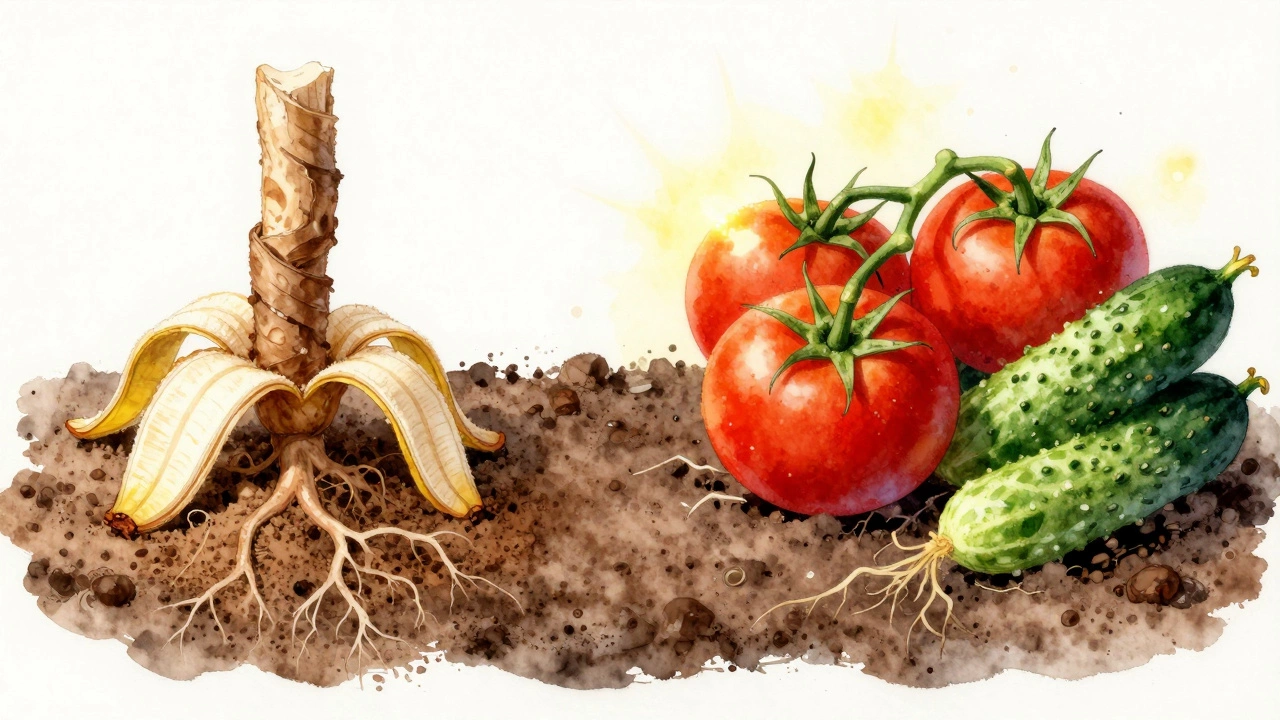 Корни растений, поглощающие калий из сухих банановых корок, с сочными плодами.