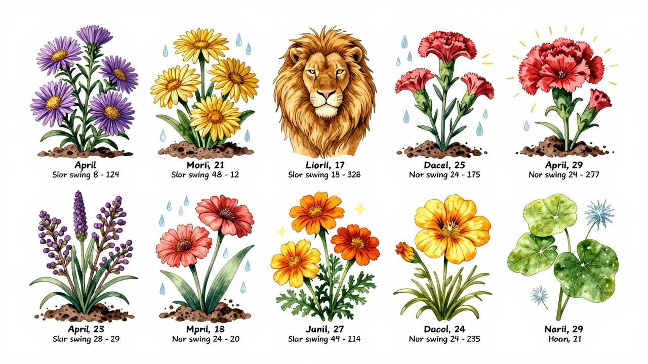 Круговой график посева цветов в Уральском регионе от апреля до июня с изображением растений и природных элементов.