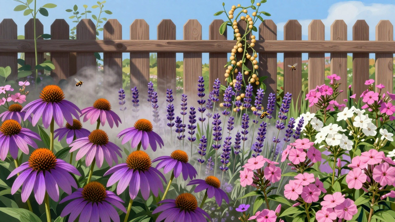 Летний сад с эхинацеей, лавандой и флоксами, оживлённый пчёлами.