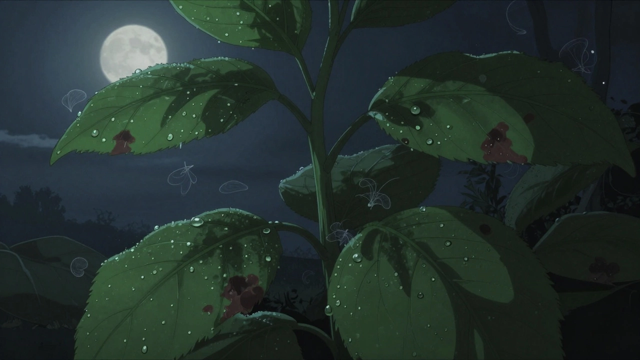 Ночной полив: капли воды на листьях и признаки гнили в тёмной, влажной среде.