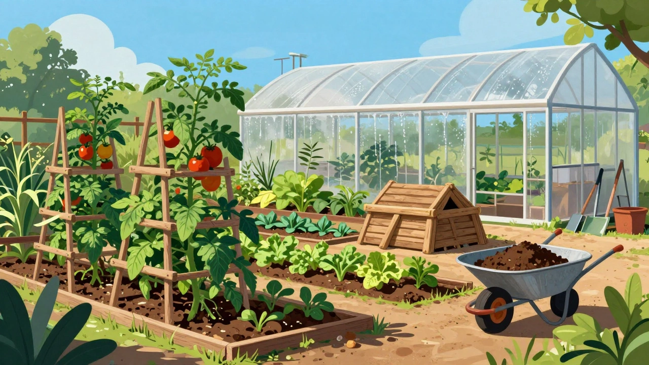 Органическое хозяйство с теплицами и грядками овощей